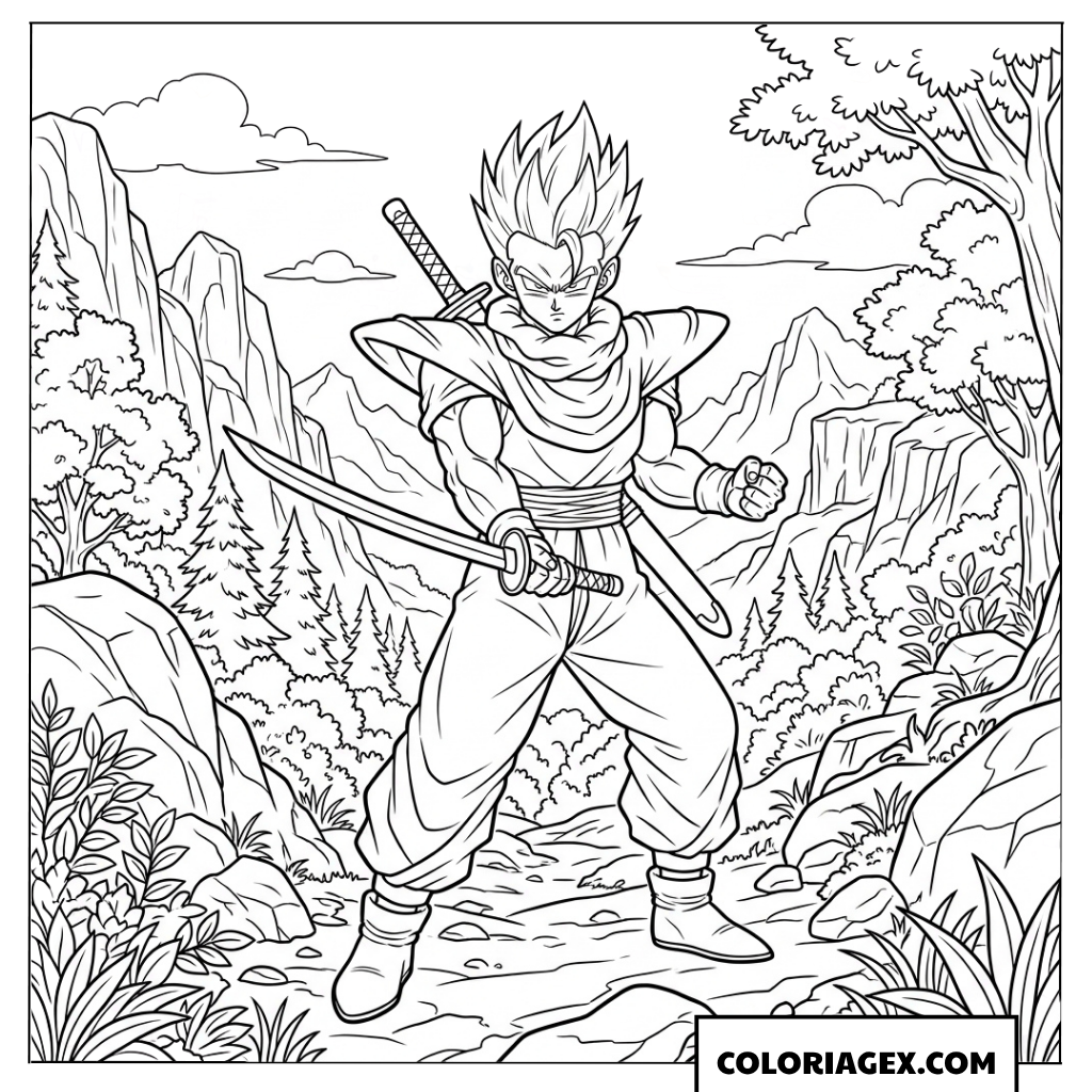Coloriage de Gohan adolescent tenant une epee en foret