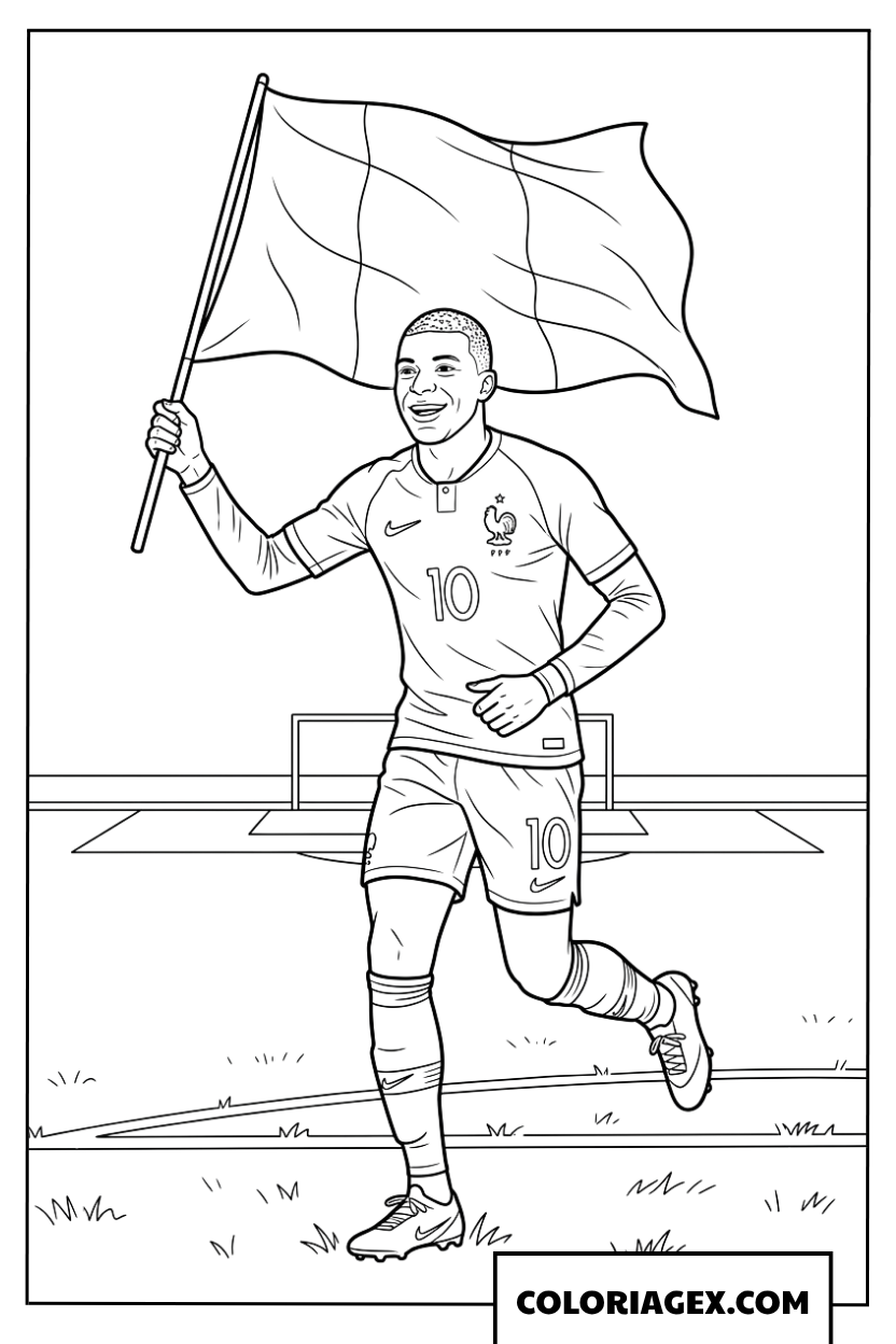 Coloriage de Kylian Mbappe brandissant le drapeau français