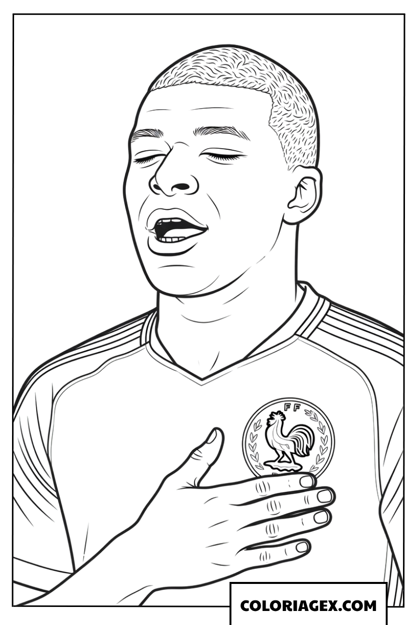 Coloriage de Kylian Mbappe la main sur le cœur avec fierté