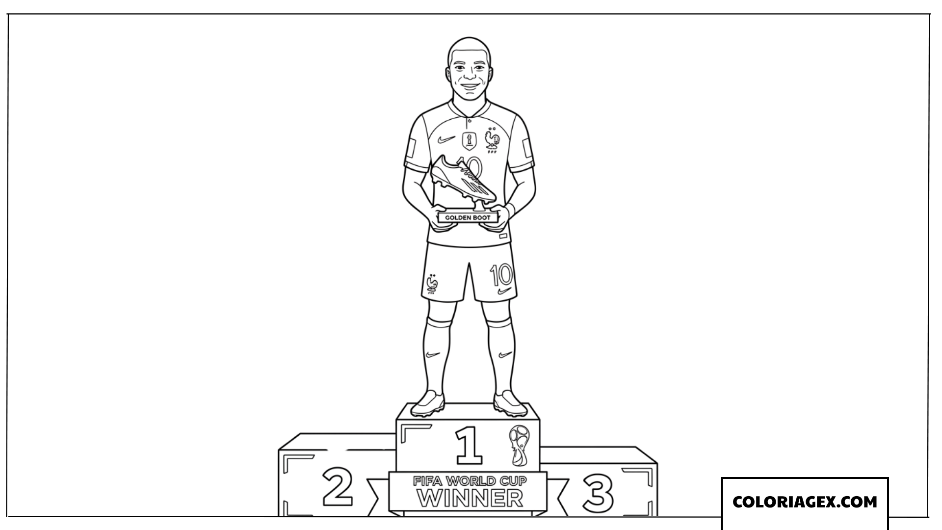 Coloriage de Kylian Mbappe recevant le trophée du Soulier d'Or en Coupe du Monde