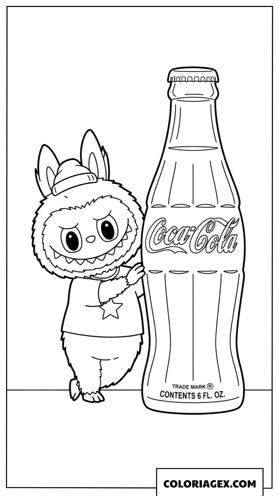 Coloriage de Labubu appuye contre une bouteille Coca Cola classique