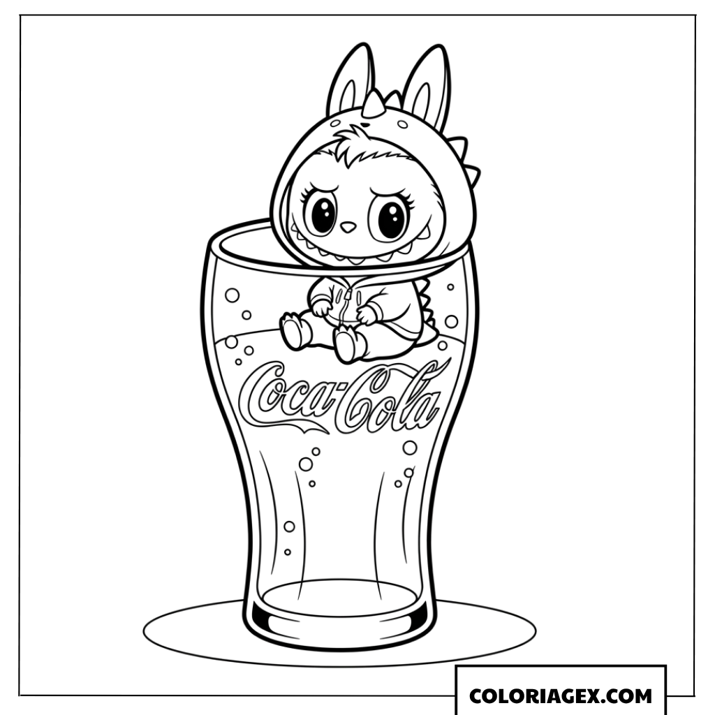 Coloriage de Labubu assis dans un grand verre de Coca Cola
