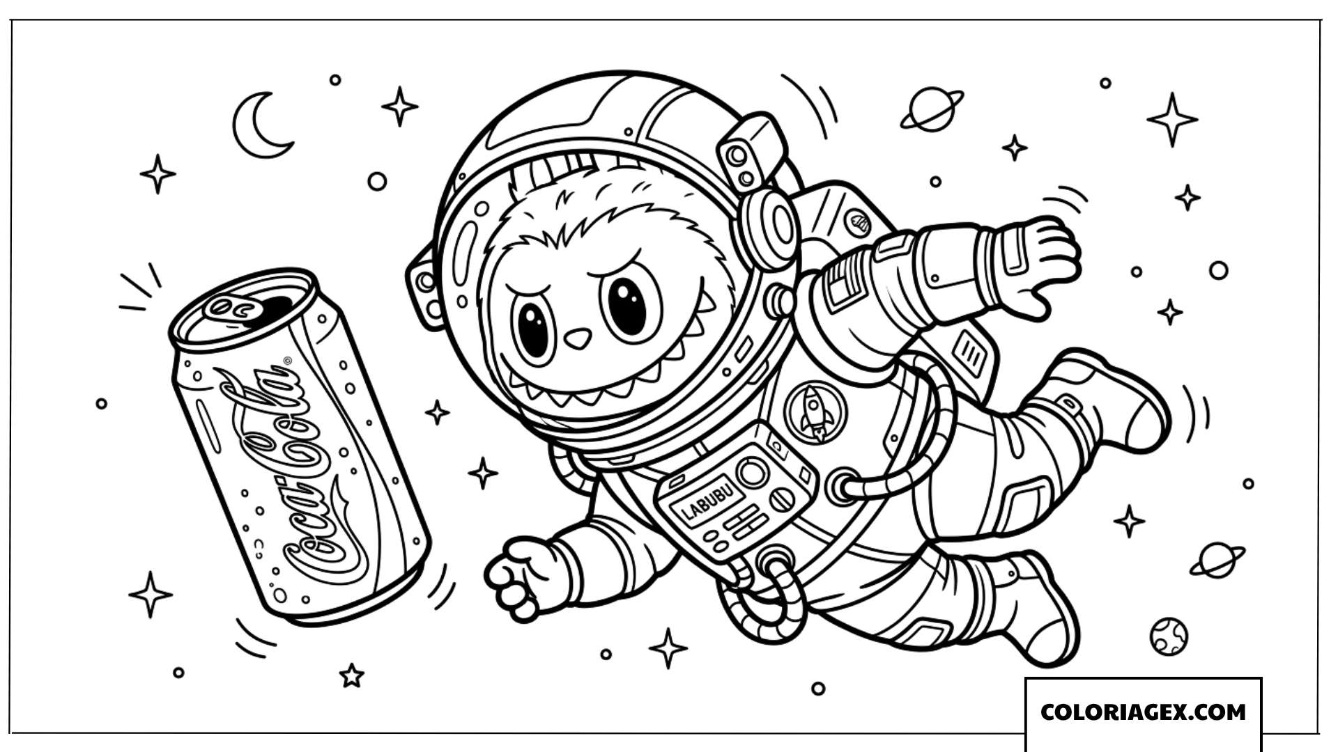 Coloriage de Labubu astronaute flottant avec Coca Cola