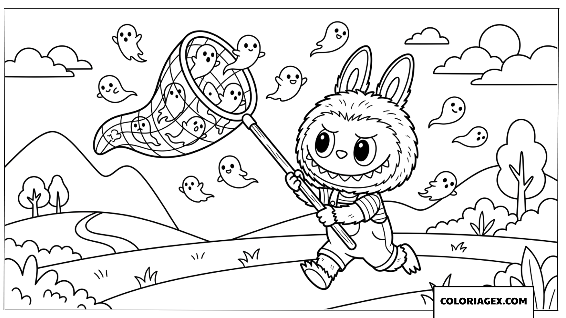 Coloriage de Labubu attrapant des petits fantômes