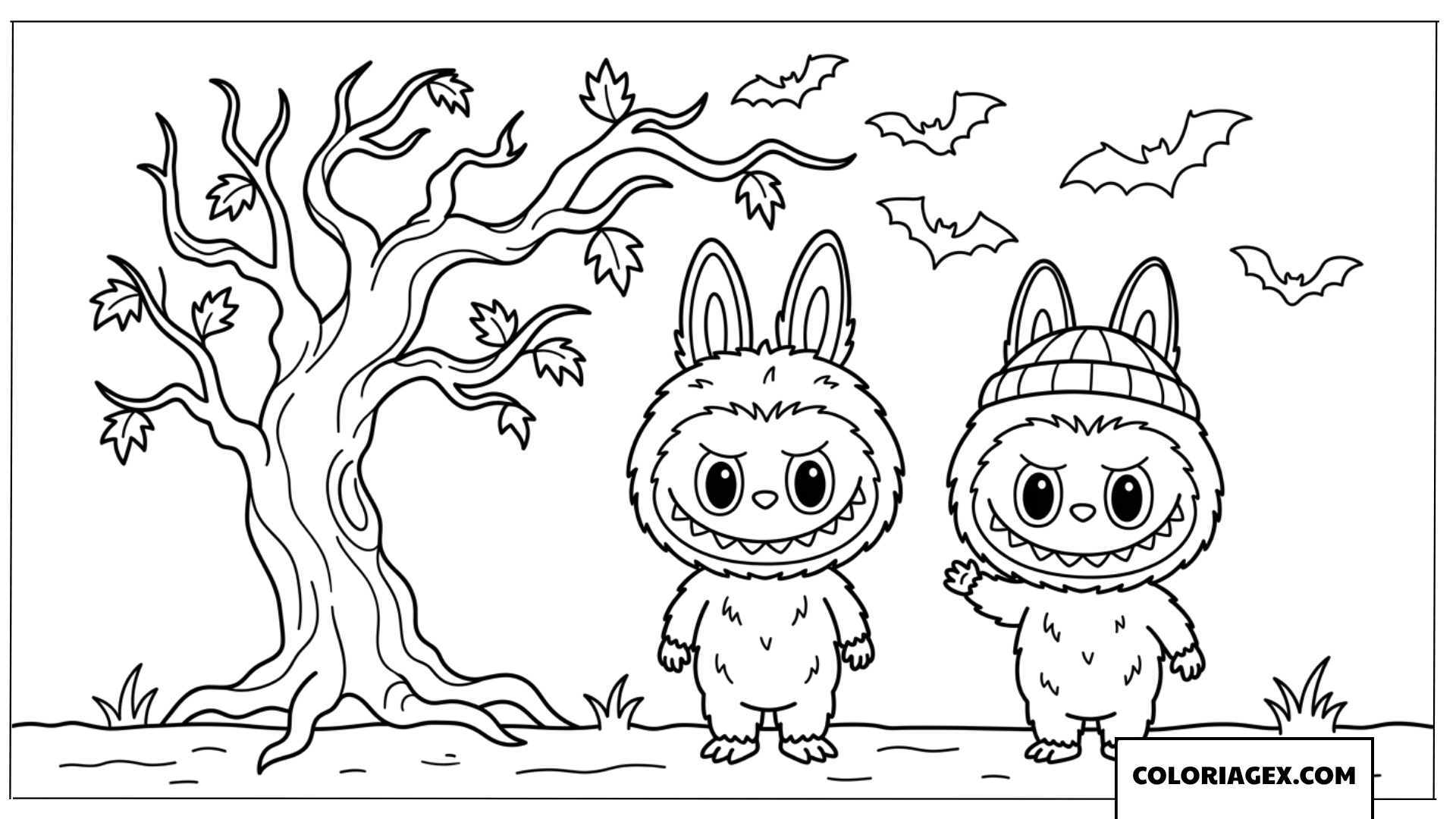 Coloriage de Labubu dans une foret hantee avec des chauves souris