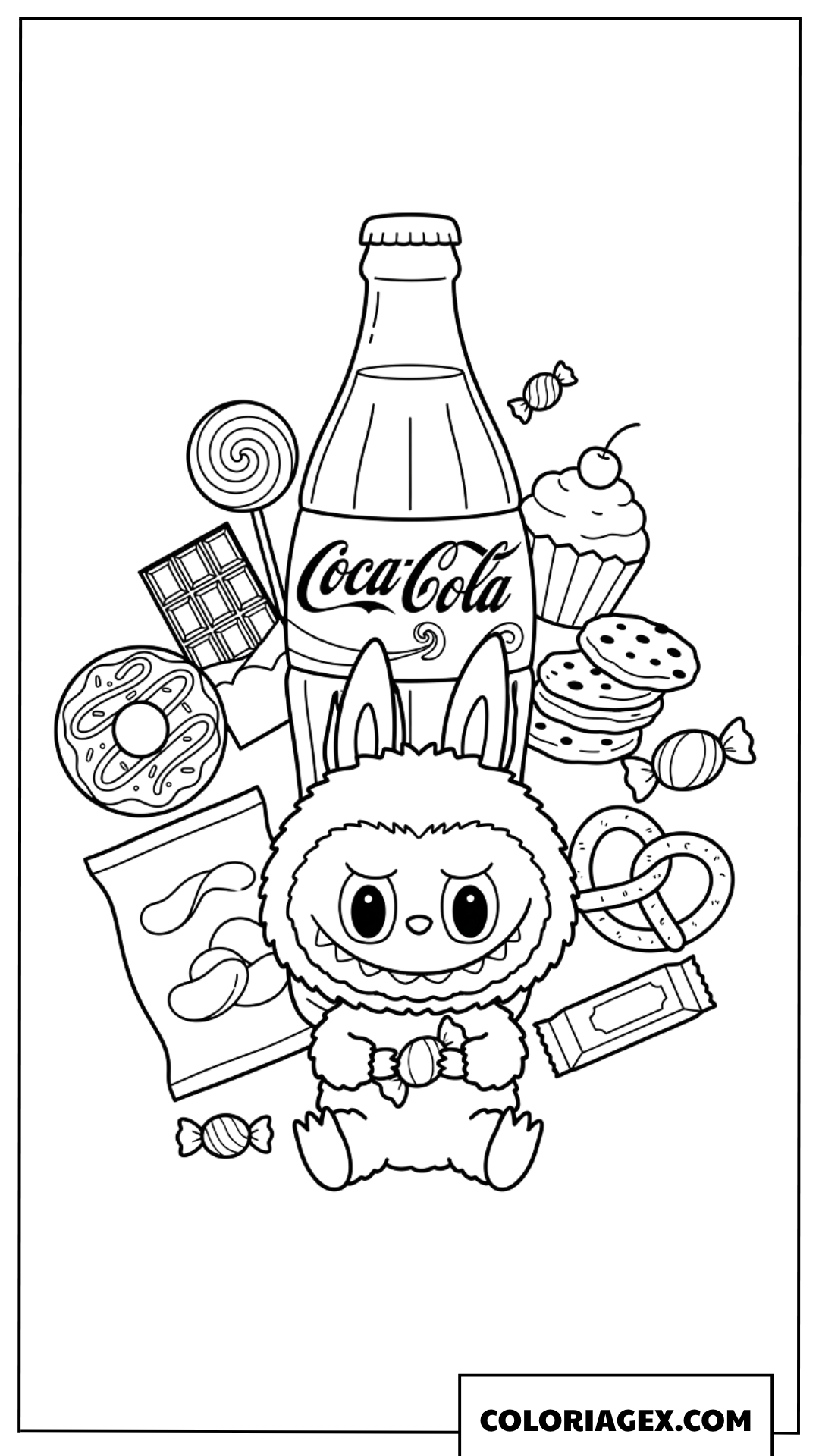 Coloriage de Labubu entouré de friandises et Coca Cola
