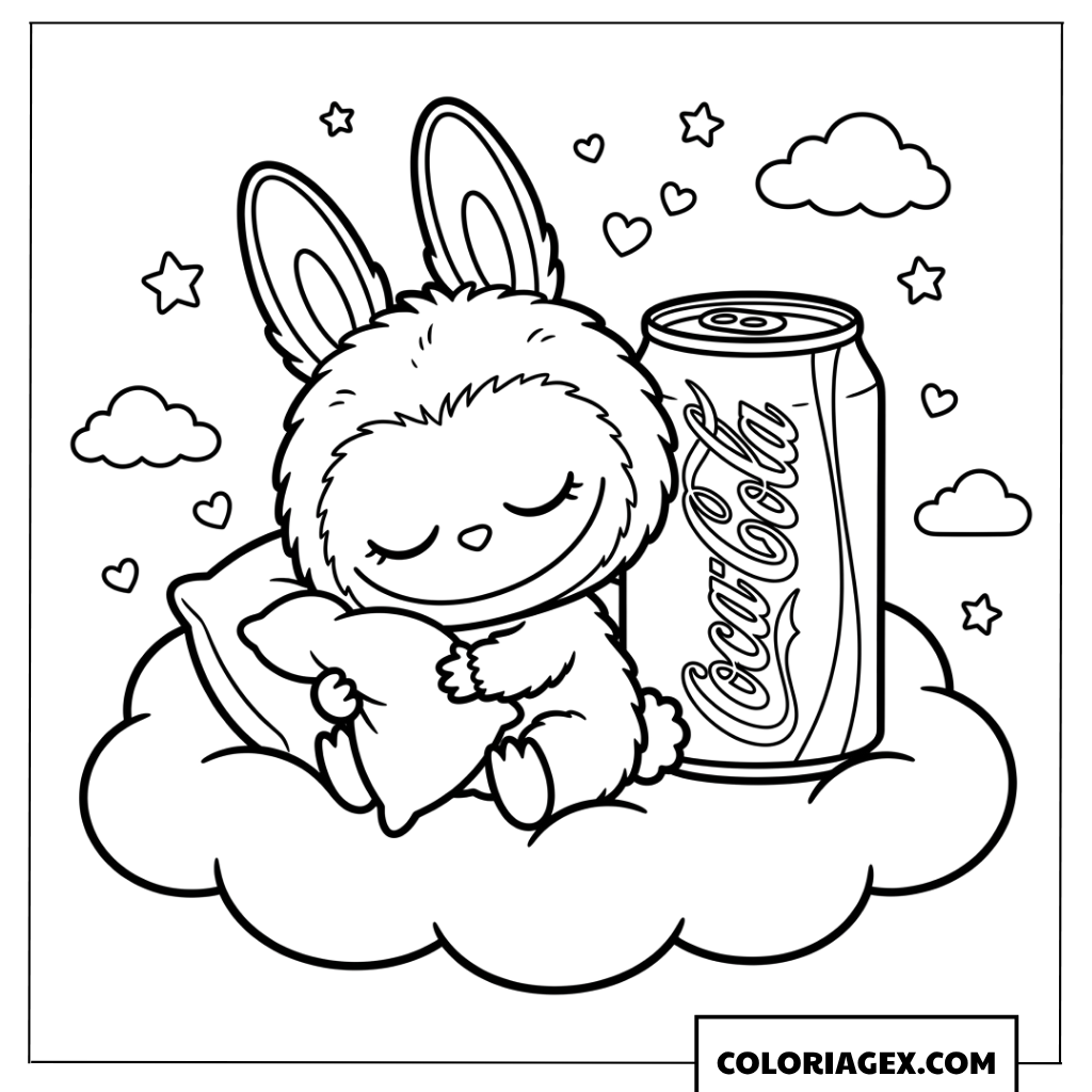 Coloriage de Labubu faisant la sieste sur un nuage avec Coca Cola