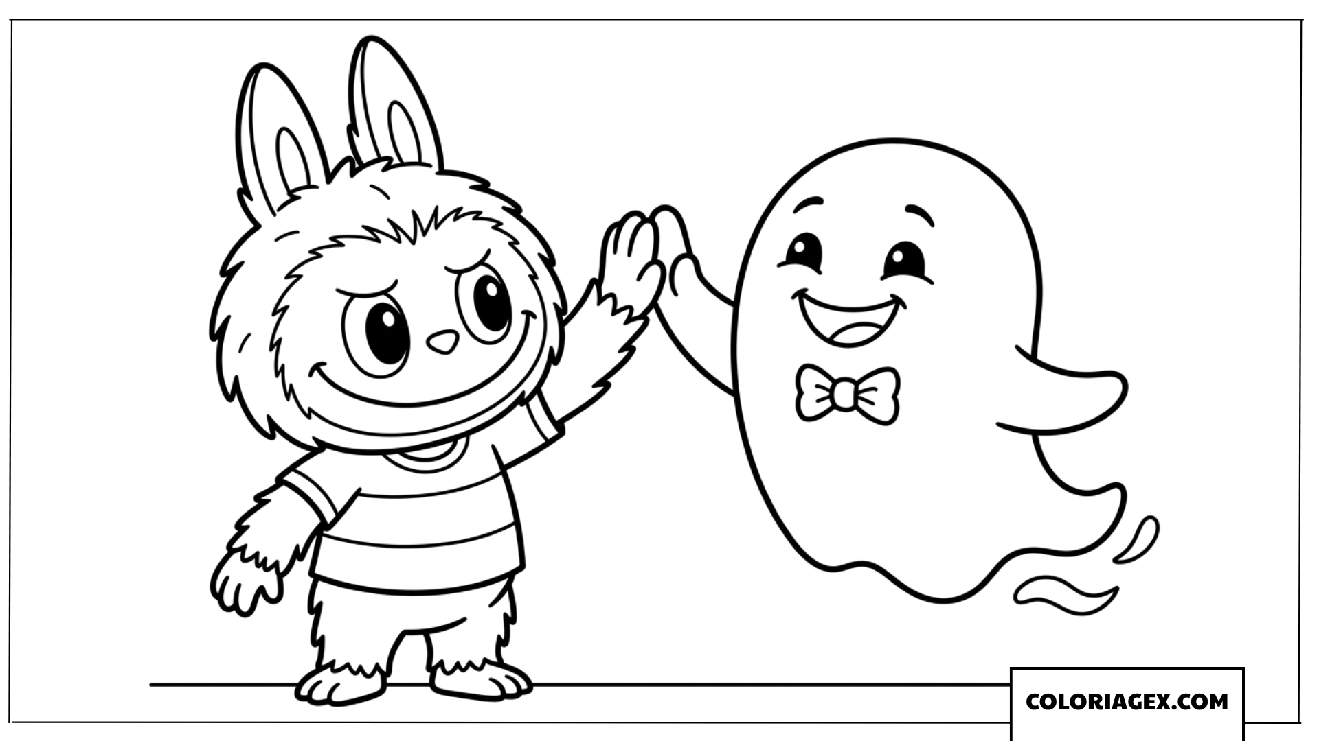 Coloriage de Labubu faisant un high-five à un fantôme
