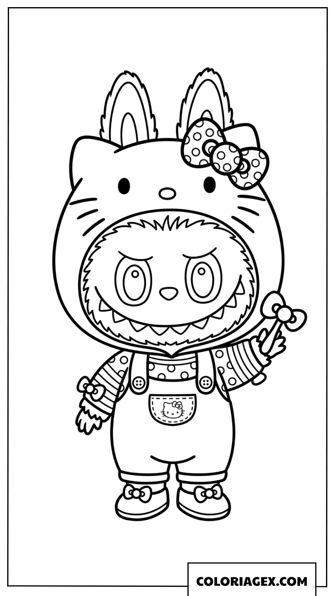 Coloriage de Labubu habille avec un ensemble Hello Kitty