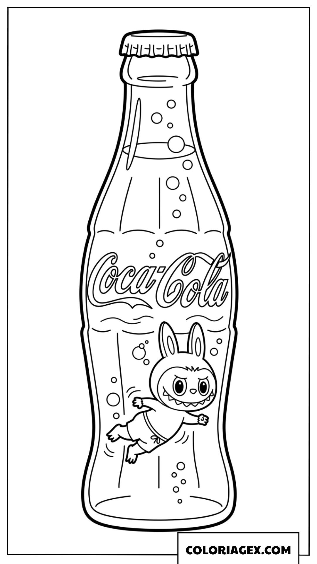 Coloriage de Labubu nageant joyeusement dans une bouteille Coca Cola