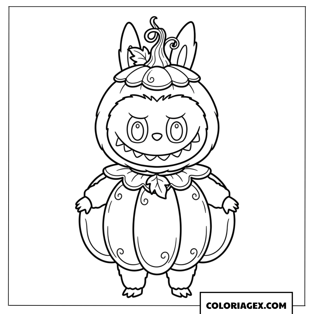 Coloriage de Labubu portant un costume de citrouille d'Halloween