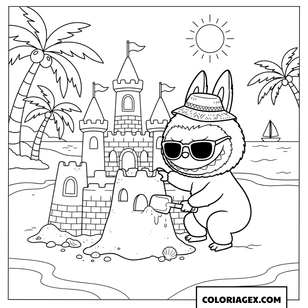 Coloriage de Labubu qui construit un chateau de sable a la plage