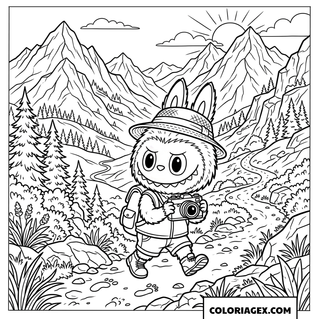 Coloriage de Labubu qui fait de la randonnee en montagne