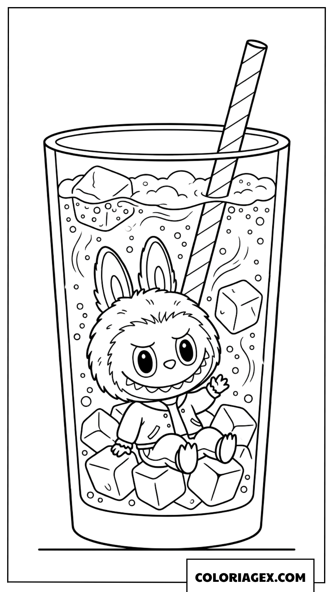 Coloriage de Labubu qui se repose dans un grand verre de boisson