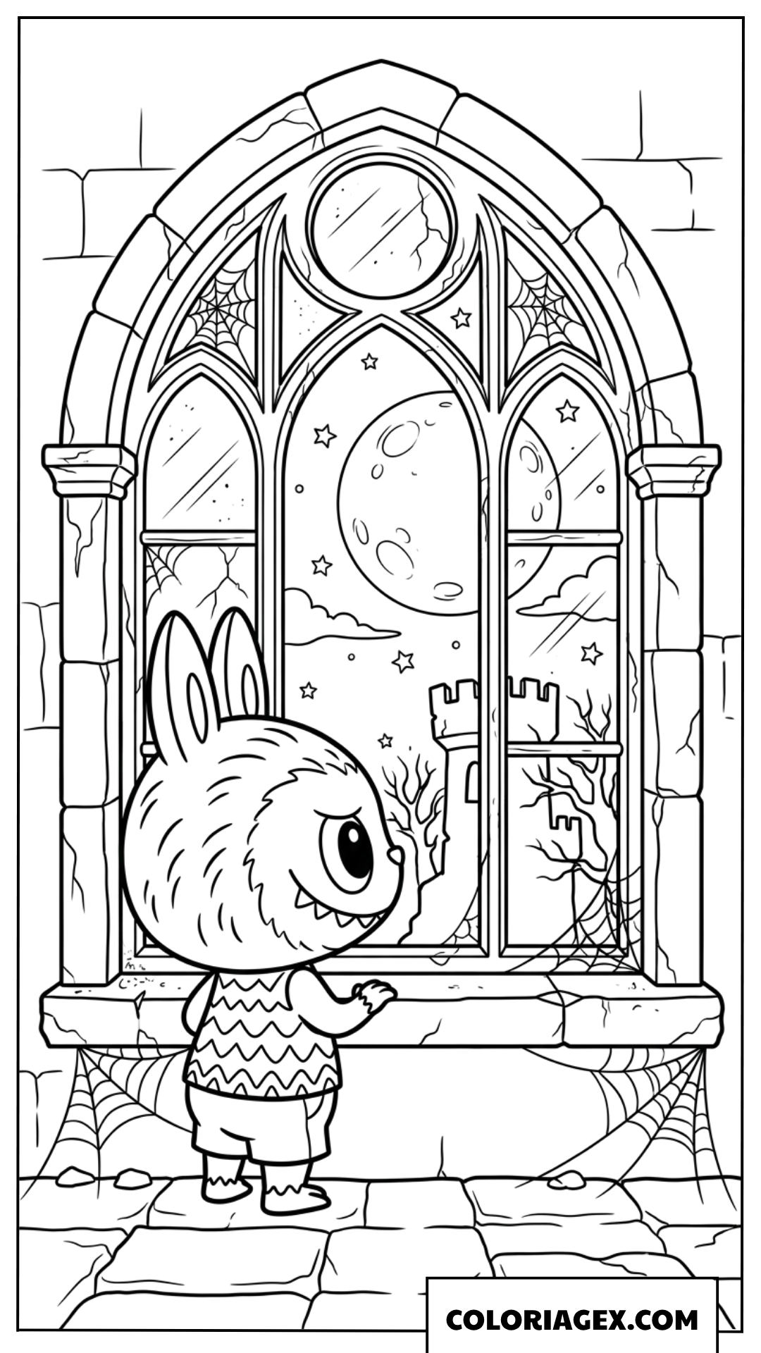 Coloriage de Labubu regardant par la fenêtre d'un château