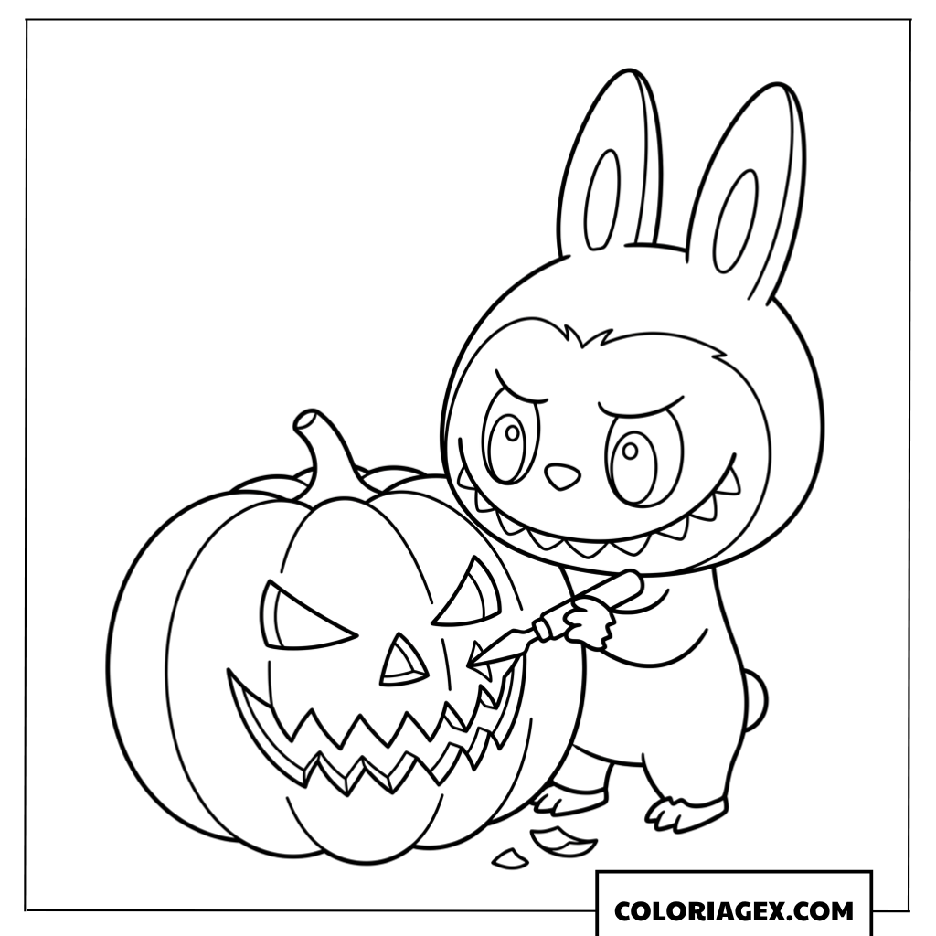 Coloriage de Labubu sculptant un visage sur une citrouille d'Halloween