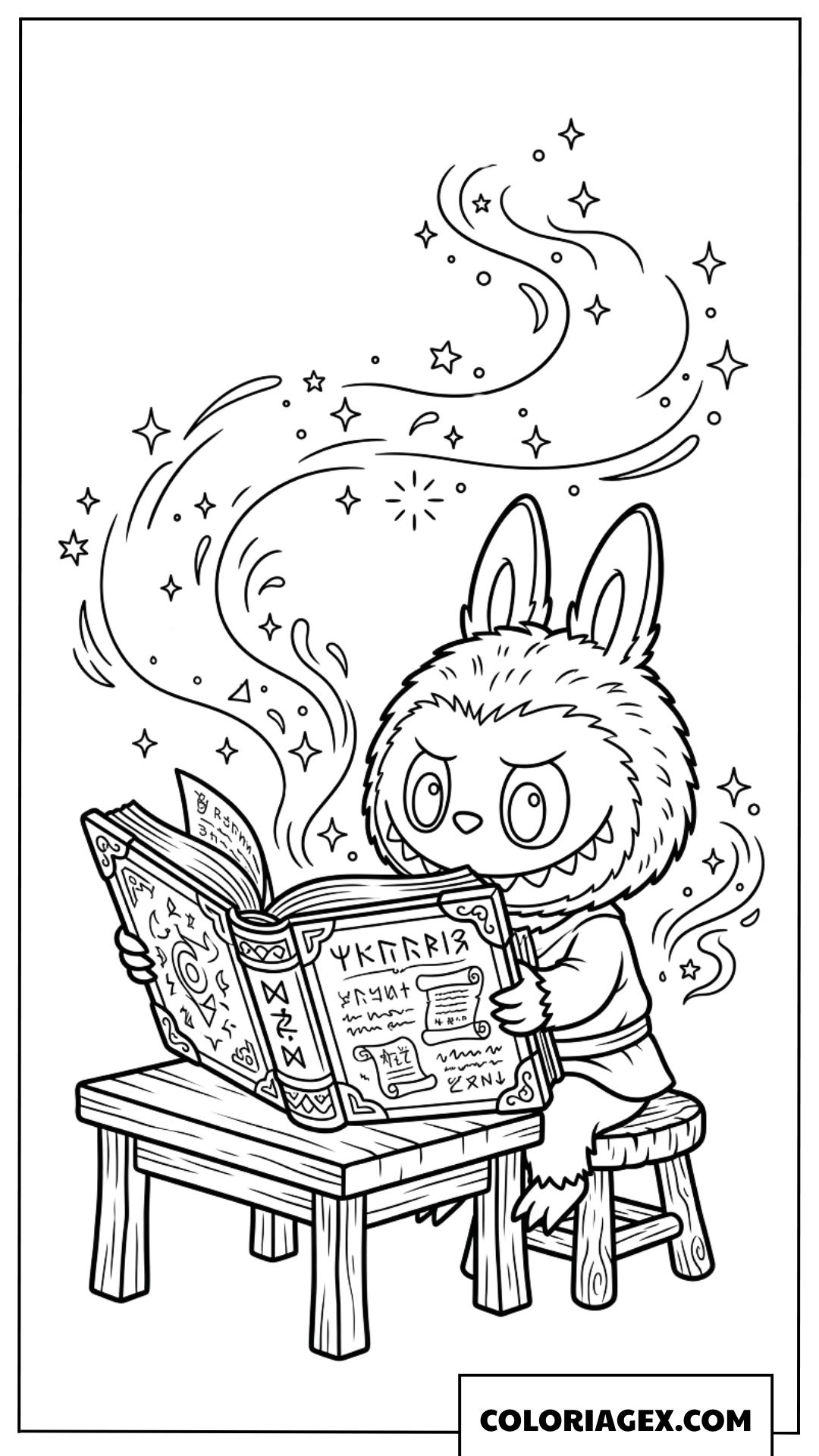Coloriage de Labubu sorcier étudiant son livre de sorts