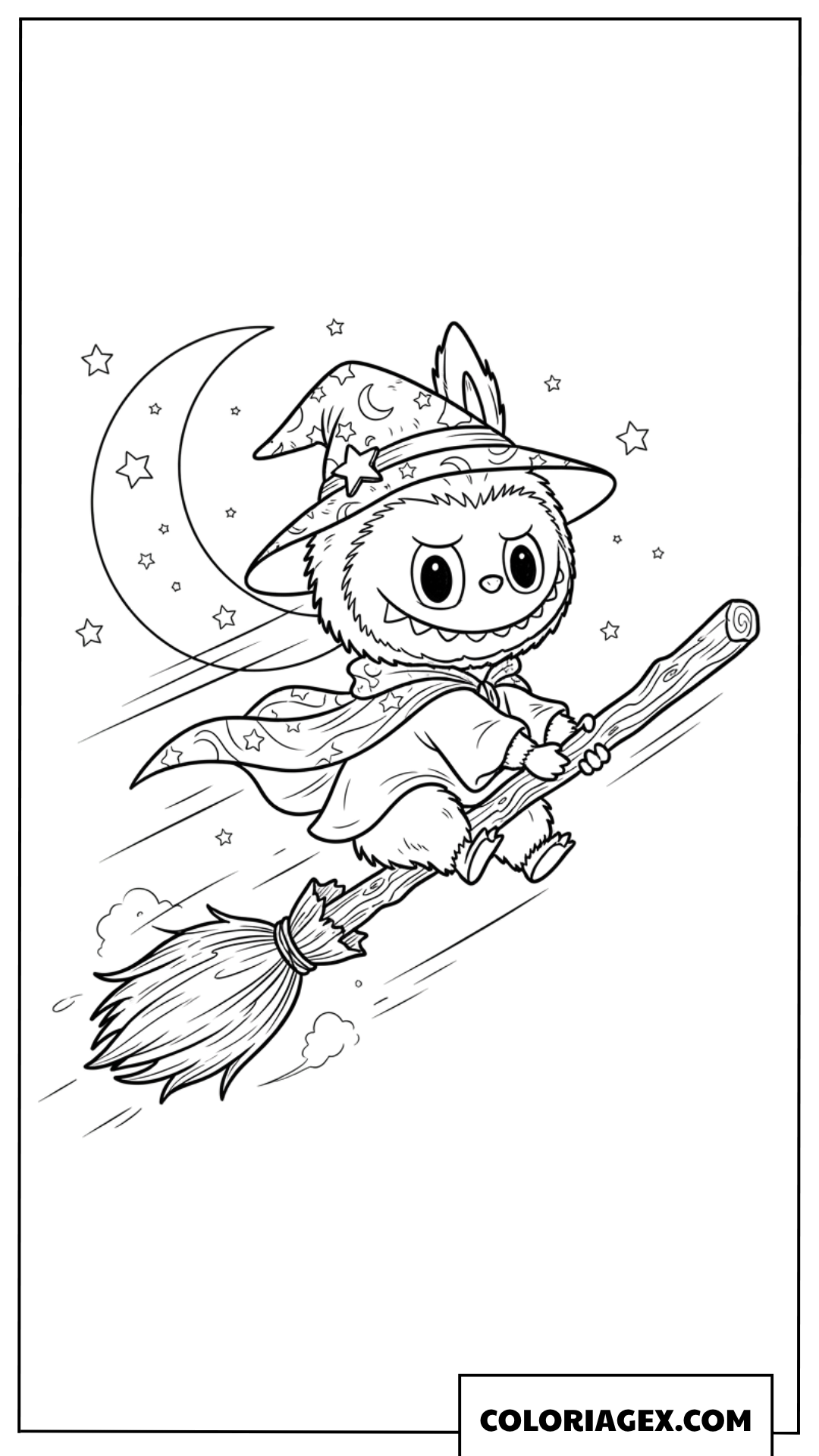 Coloriage de Labubu sorcier volant sur un balai devant la lune