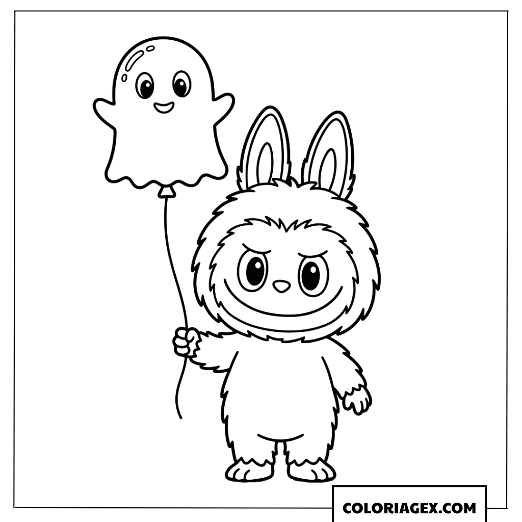 Coloriage de Labubu tenant un ballon en forme de fantôme