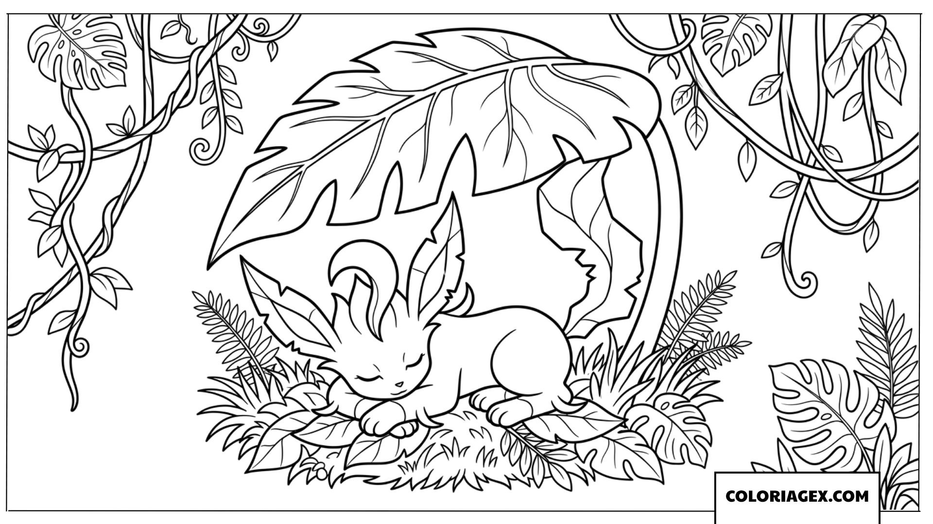 Coloriage de Leafeon se reposant sous une feuille