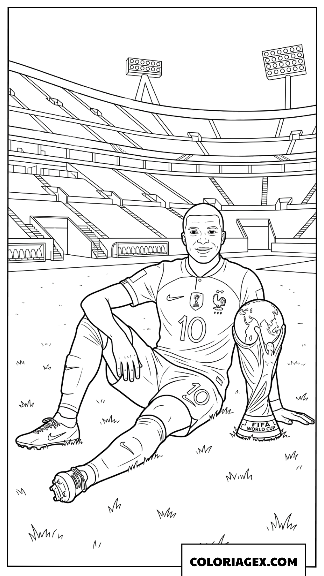 Coloriage de Mbappe assis sur le terrain avec la coupe