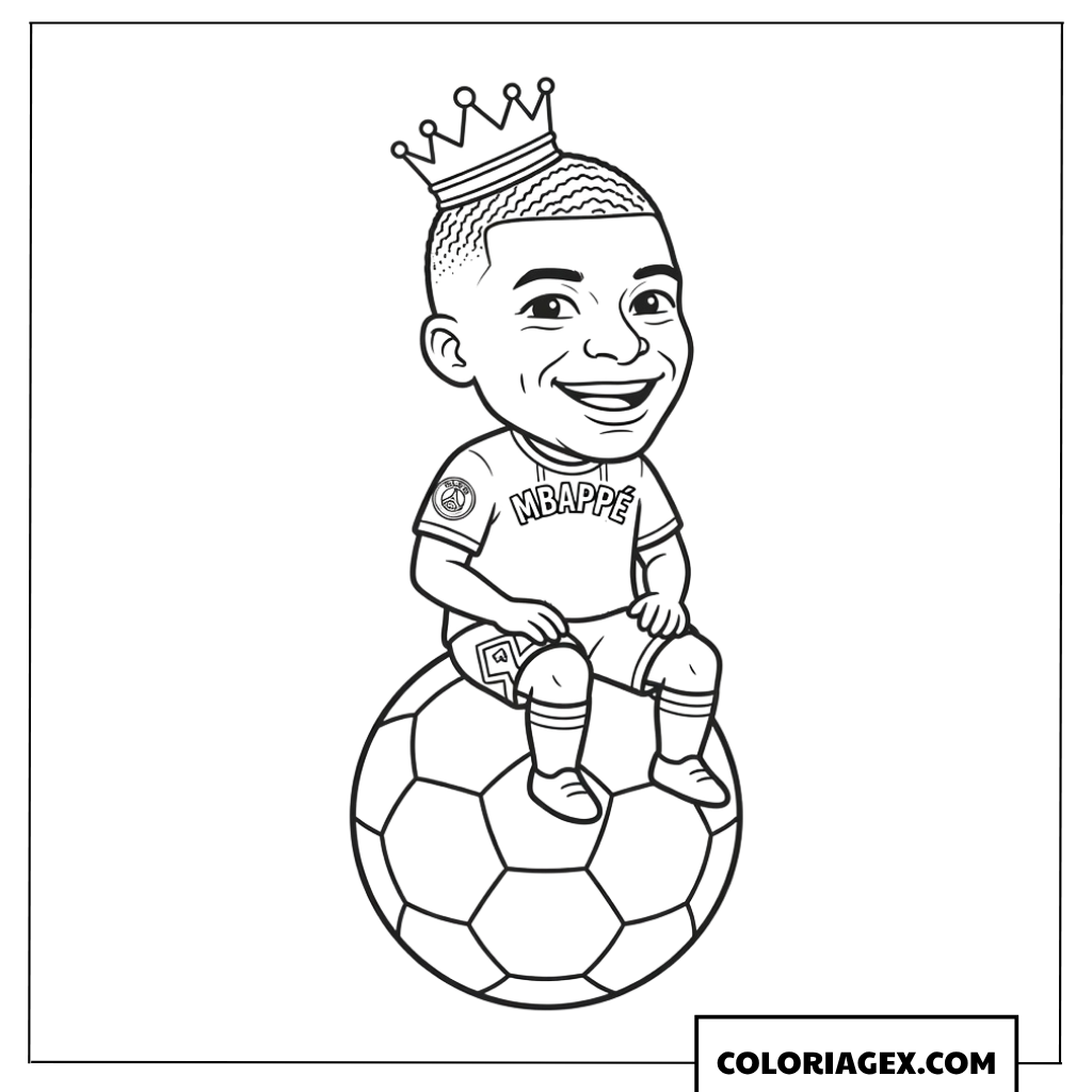 Coloriage de Mbappé cartoon couronne assis sur un ballon