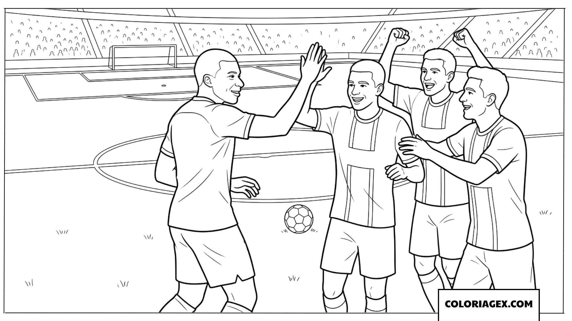 Coloriage de Mbappe celebrant avec ses coequipiers