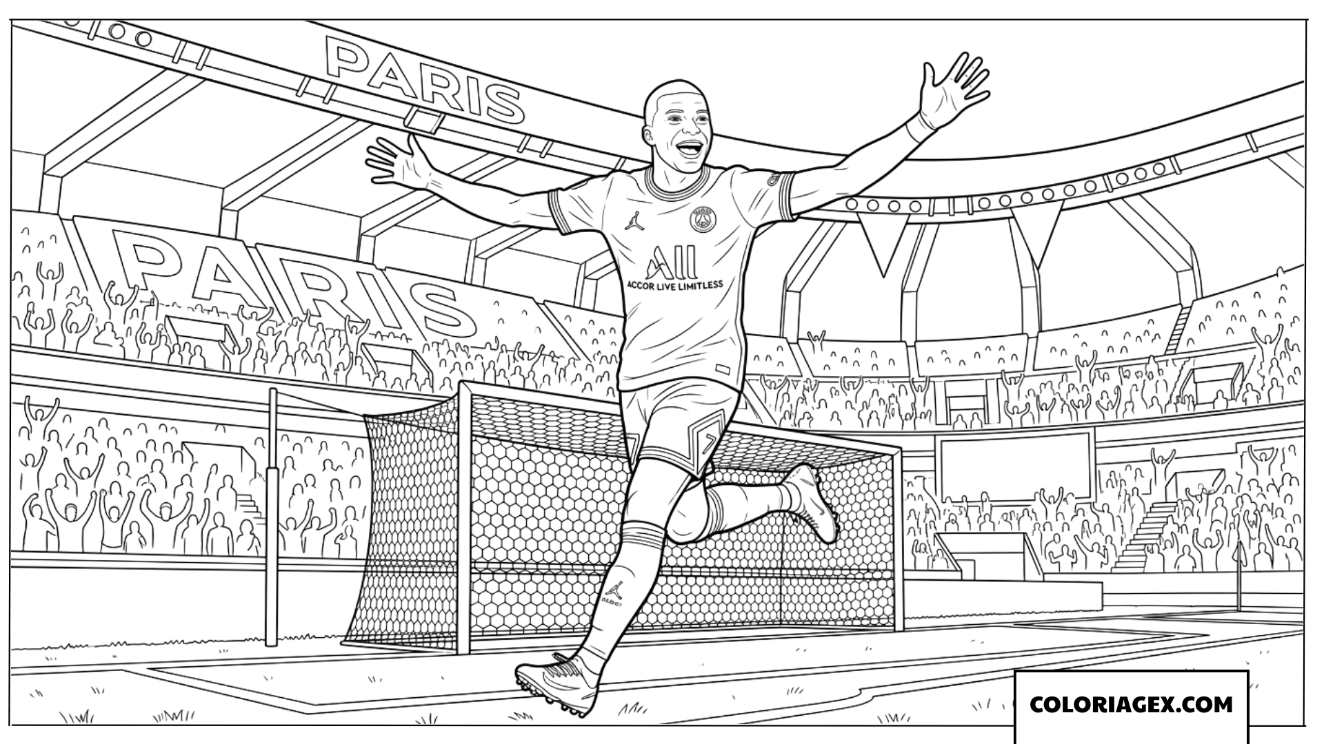 Coloriage de Mbappe celebrant son but au stade