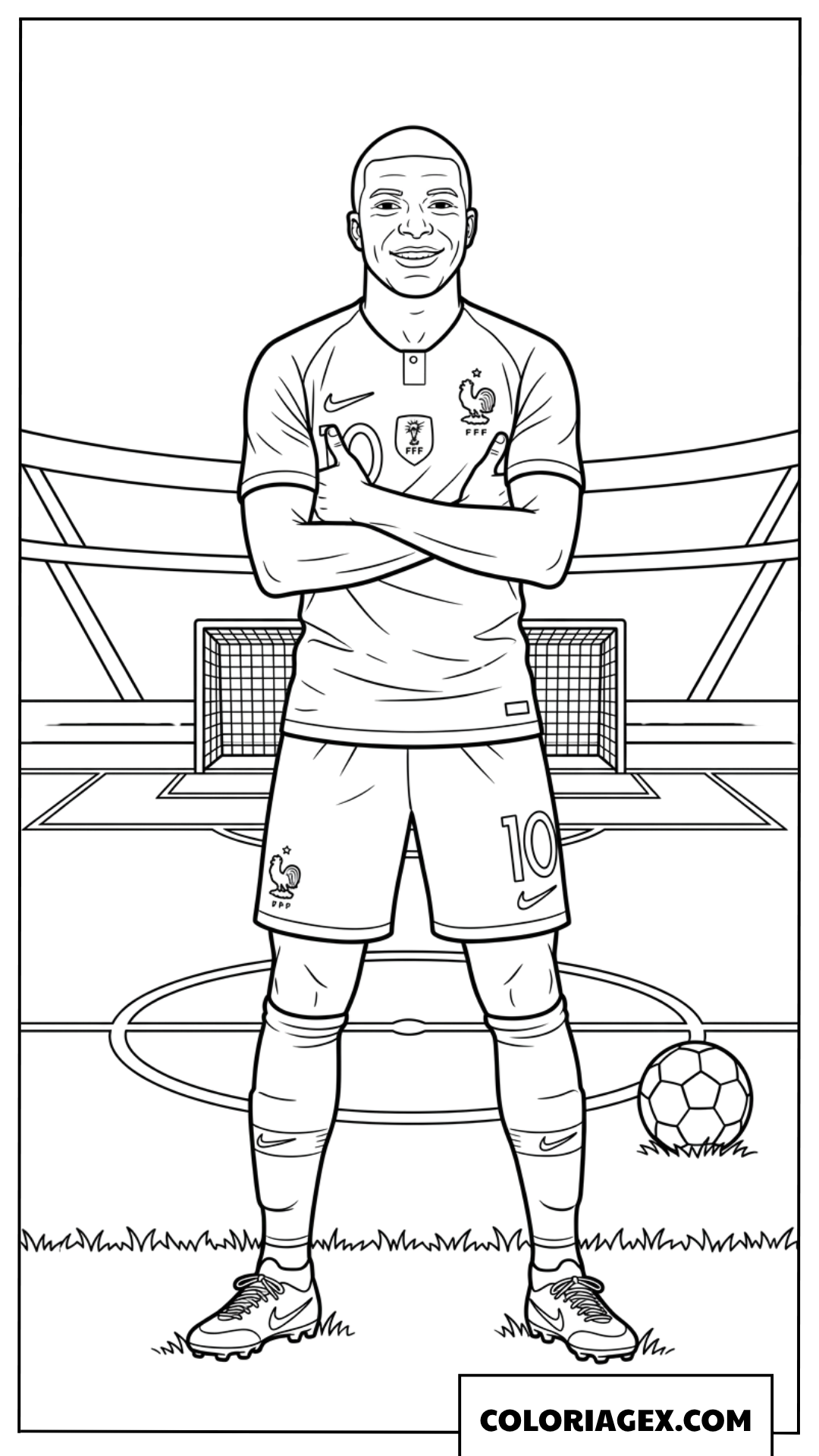 Coloriage de Mbappé debout sur la pelouse