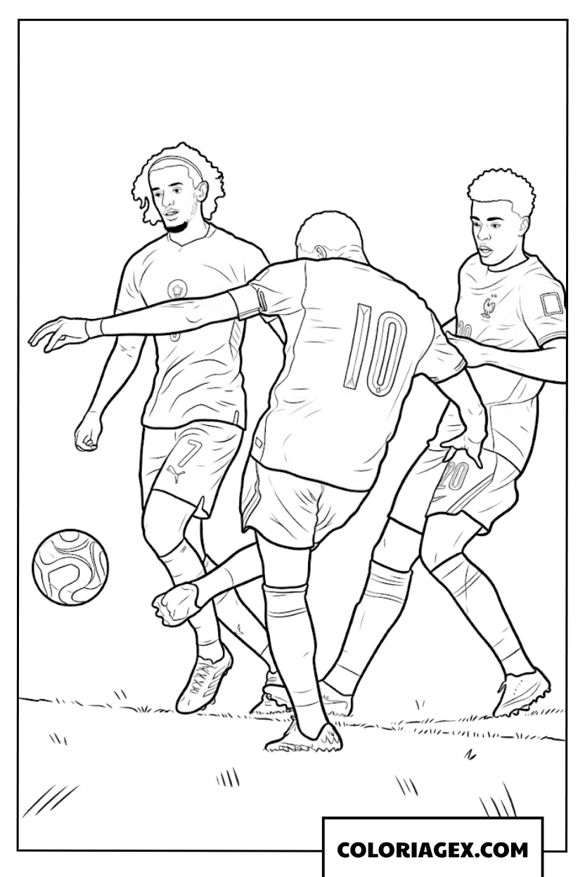 Coloriage de Mbappe dribblant avec ses coequipiers