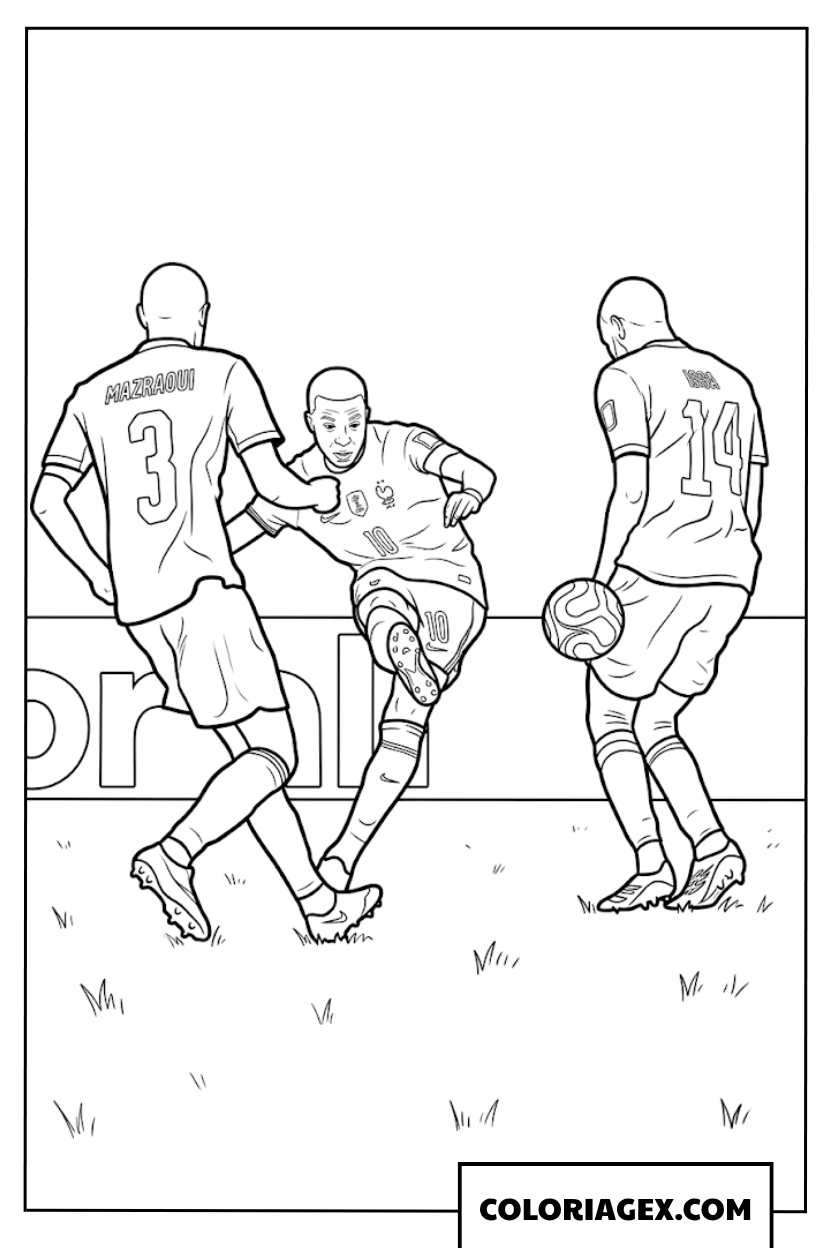 Coloriage de Mbappe dribblant contre Mazraoui et Issa