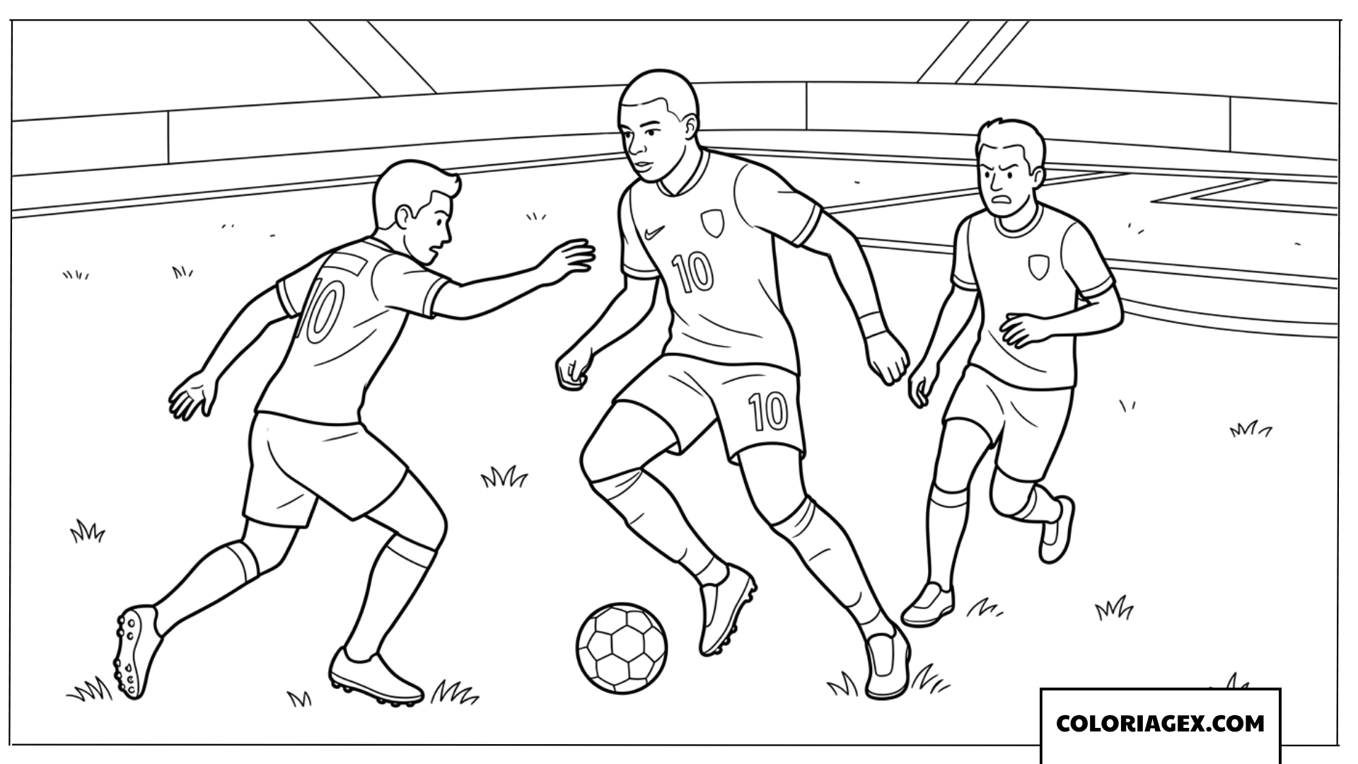 Coloriage de Mbappe dribblant entre les adversaires