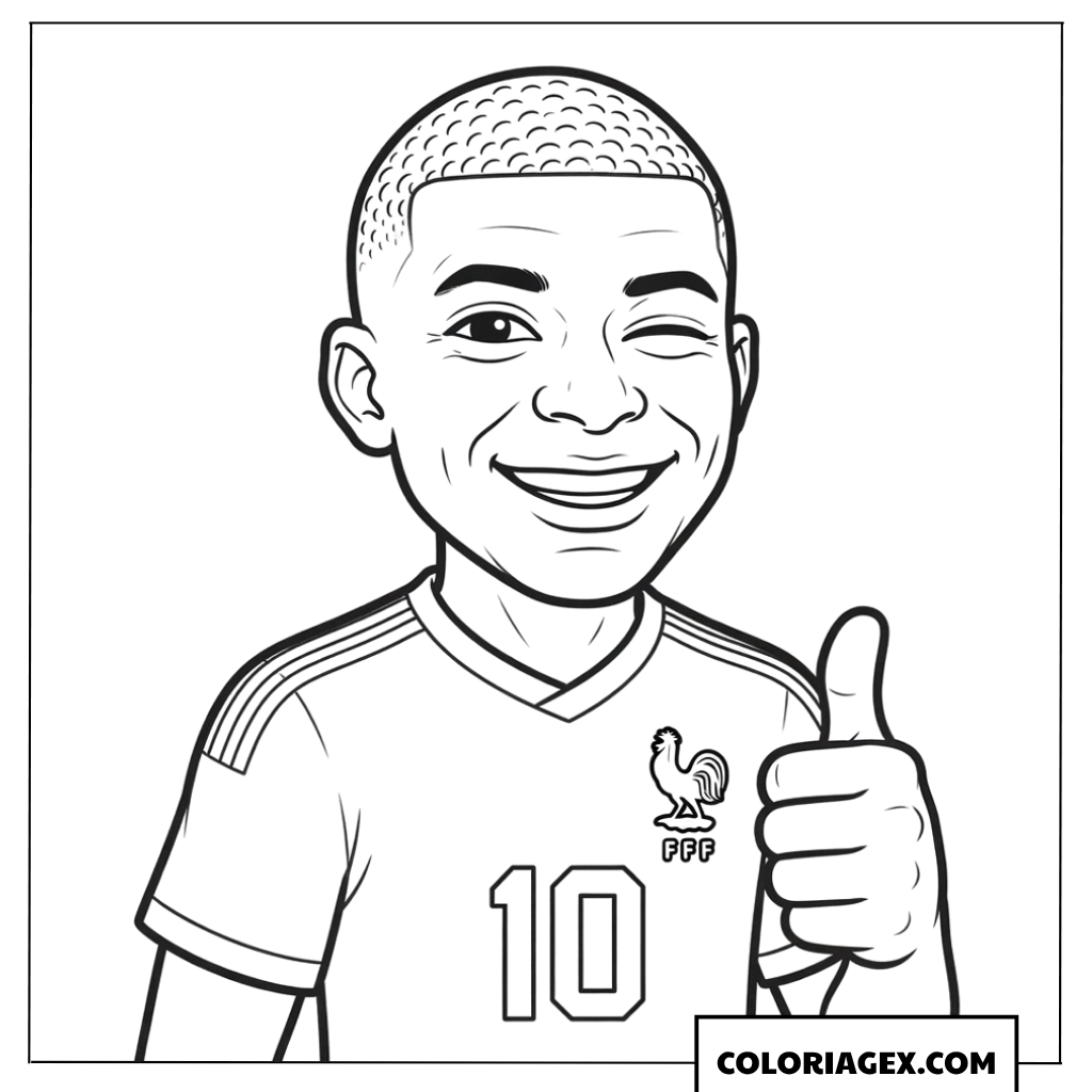 Coloriage de Mbappe en version cartoon faisant un pouce leve