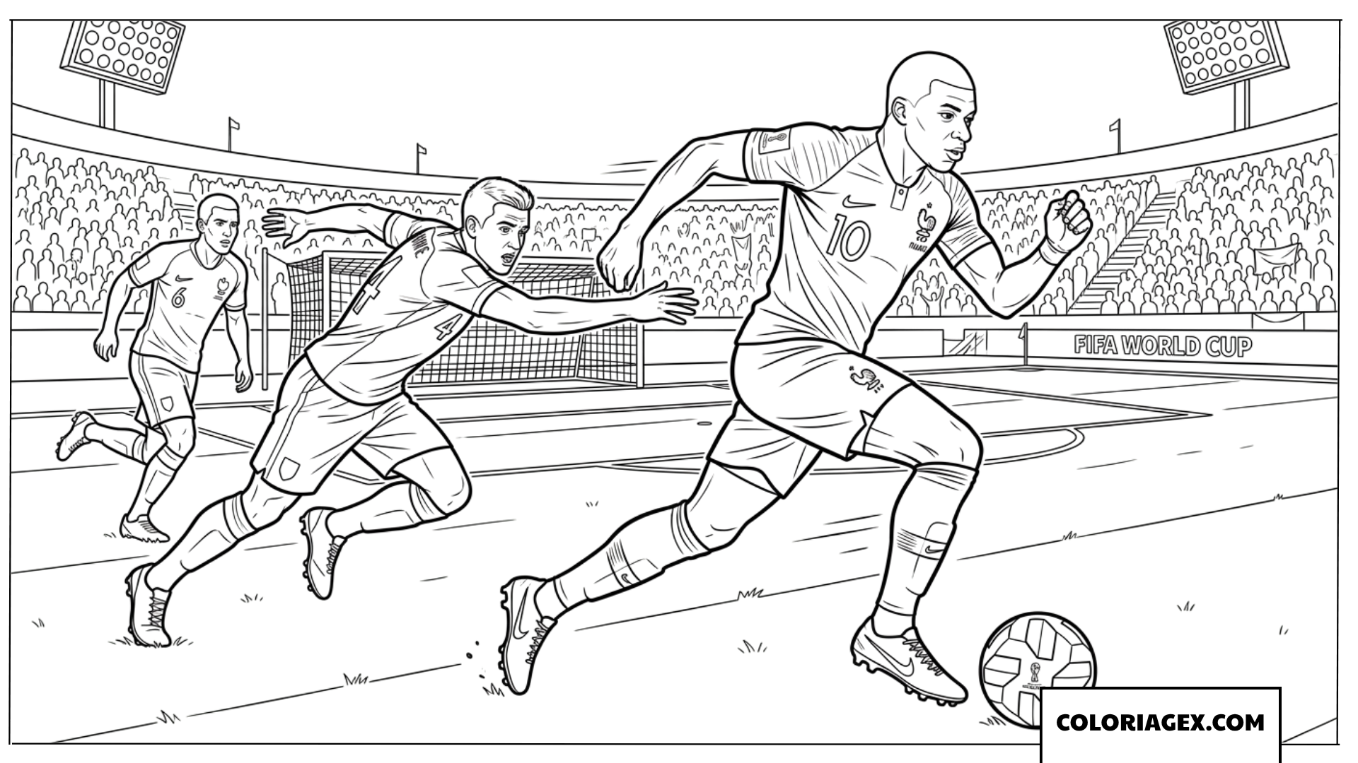 Coloriage de Mbappe menant le ballon a pleine vitesse en Coupe du Monde