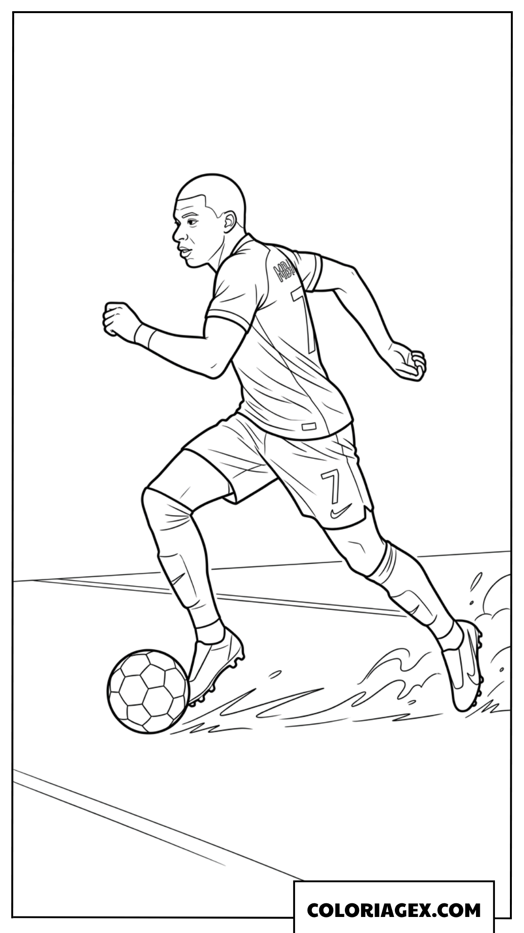 Coloriage de Mbappe sprintant avec le ballon sur le terrain
