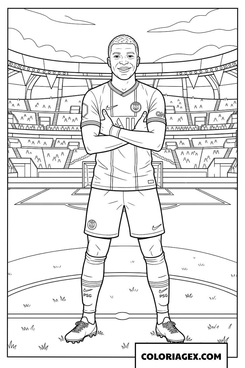 Coloriage de Mbappe sur le terrain de football