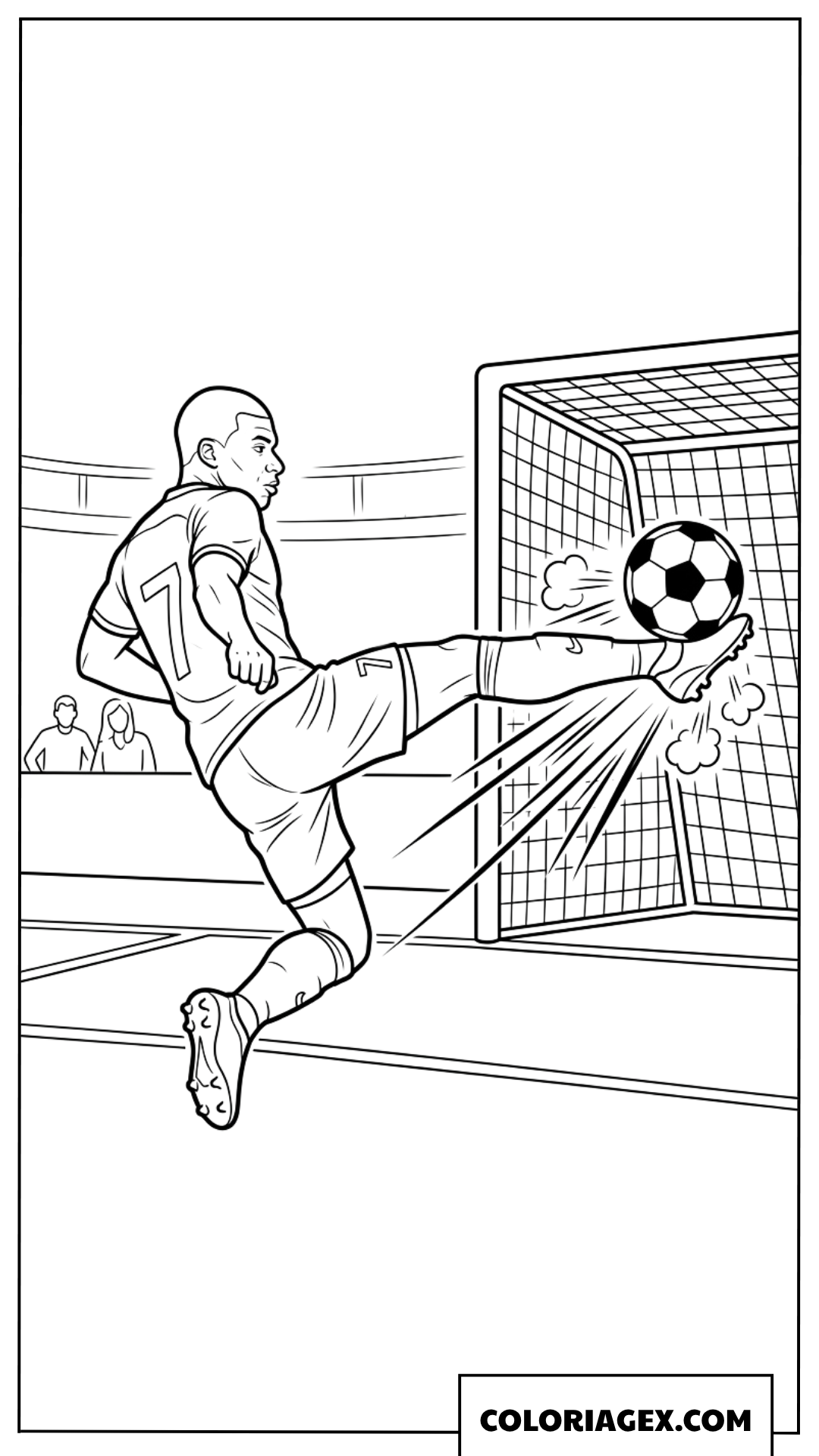 Coloriage de Mbappe tirant un ballon magnifique dans le but
