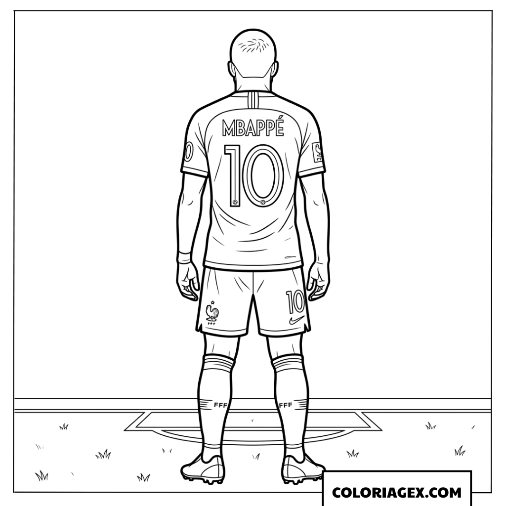 Coloriage de Mbappe vu de dos avec son numero 10