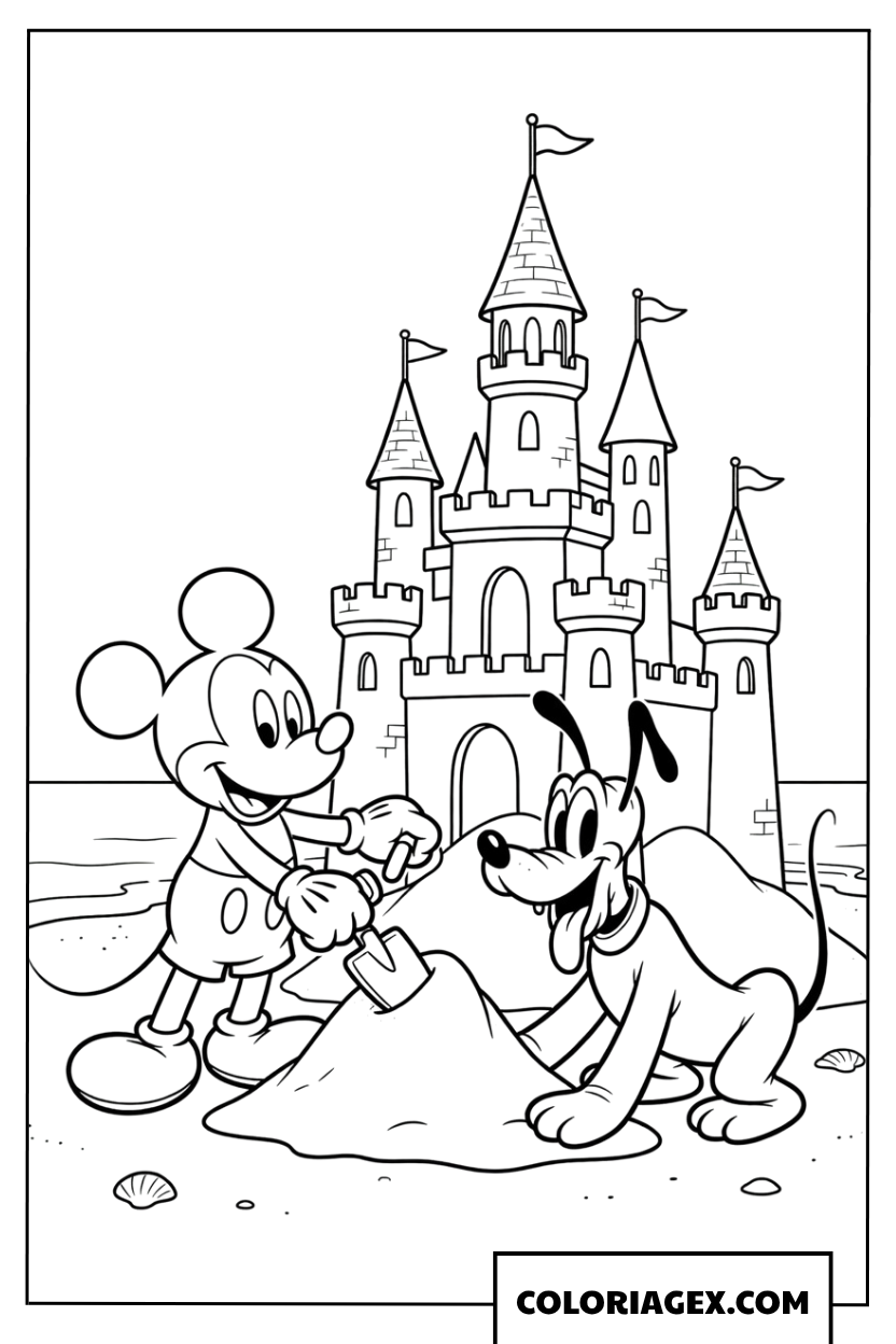 Coloriage de Mickey Mouse et Pluto construisant un chateau de sable