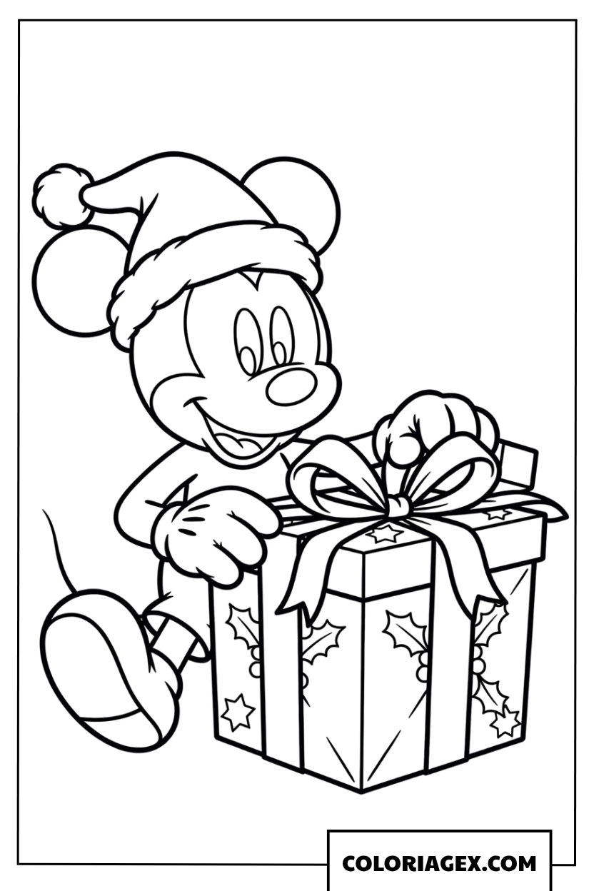 Coloriage de Mickey Mouse ouvrant son grand cadeau de Noel