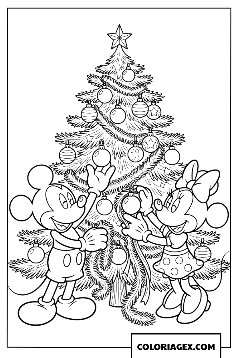 Coloriage de Mickey et Minnie decorant le sapin de Noel