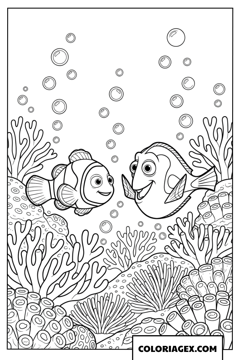 Coloriage de Nemo et Dory nageant joyeusement sous l ocean
