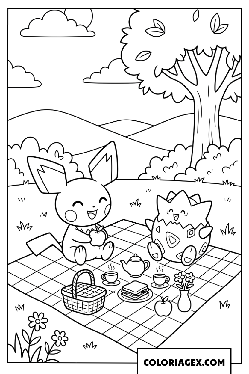 Coloriage de Pichu et Togepi en plein pique nique