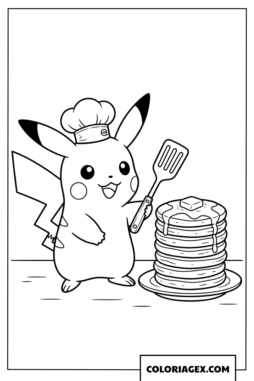 Coloriage de Pikachu chef cuisinier avec des pancakes