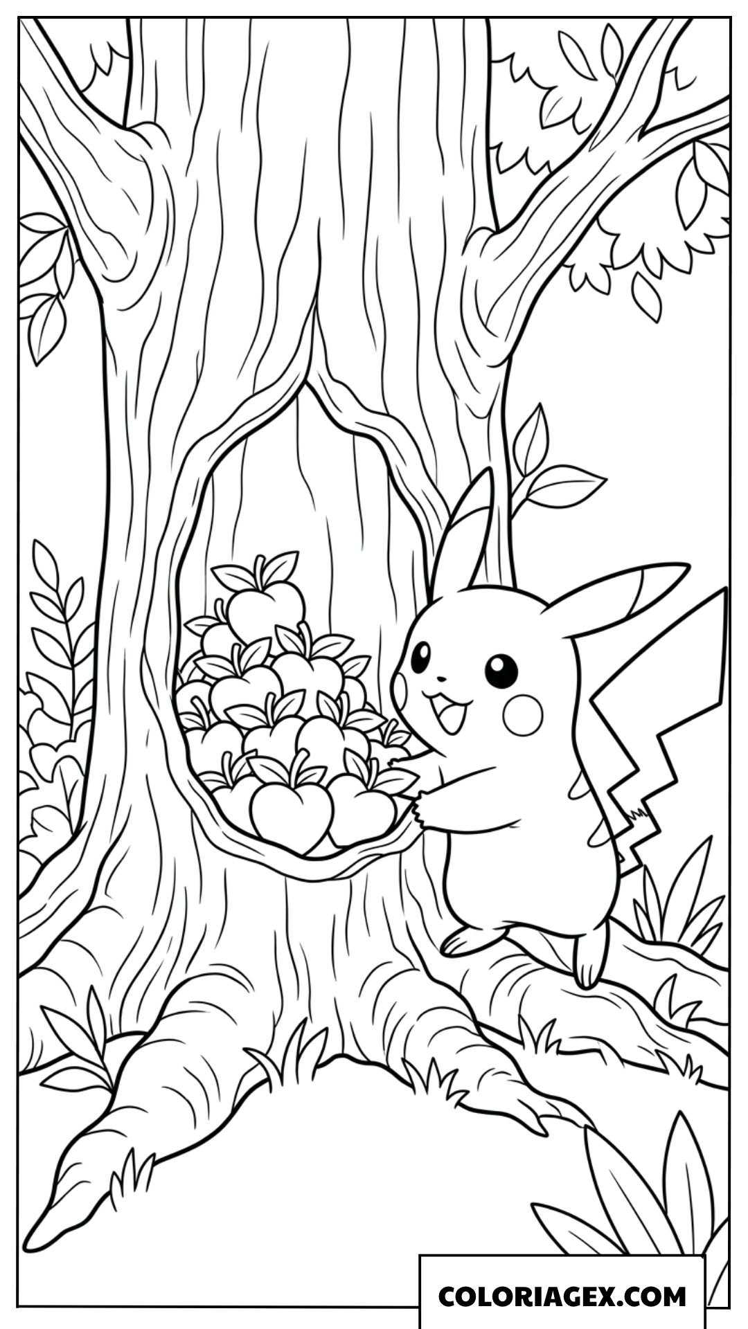 Coloriage de Pikachu decouvrant des baies dans le tronc