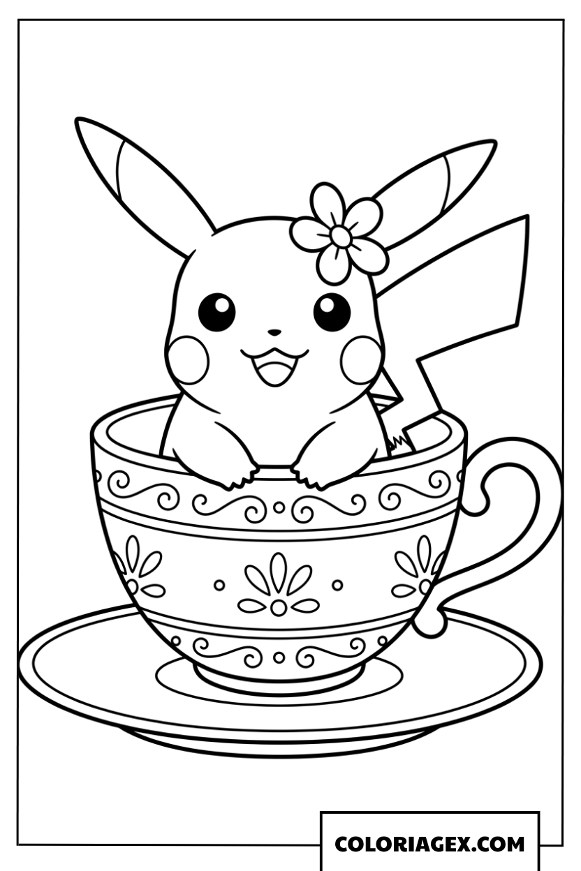 Coloriage de Pikachu mignon assis dans une tasse de thé