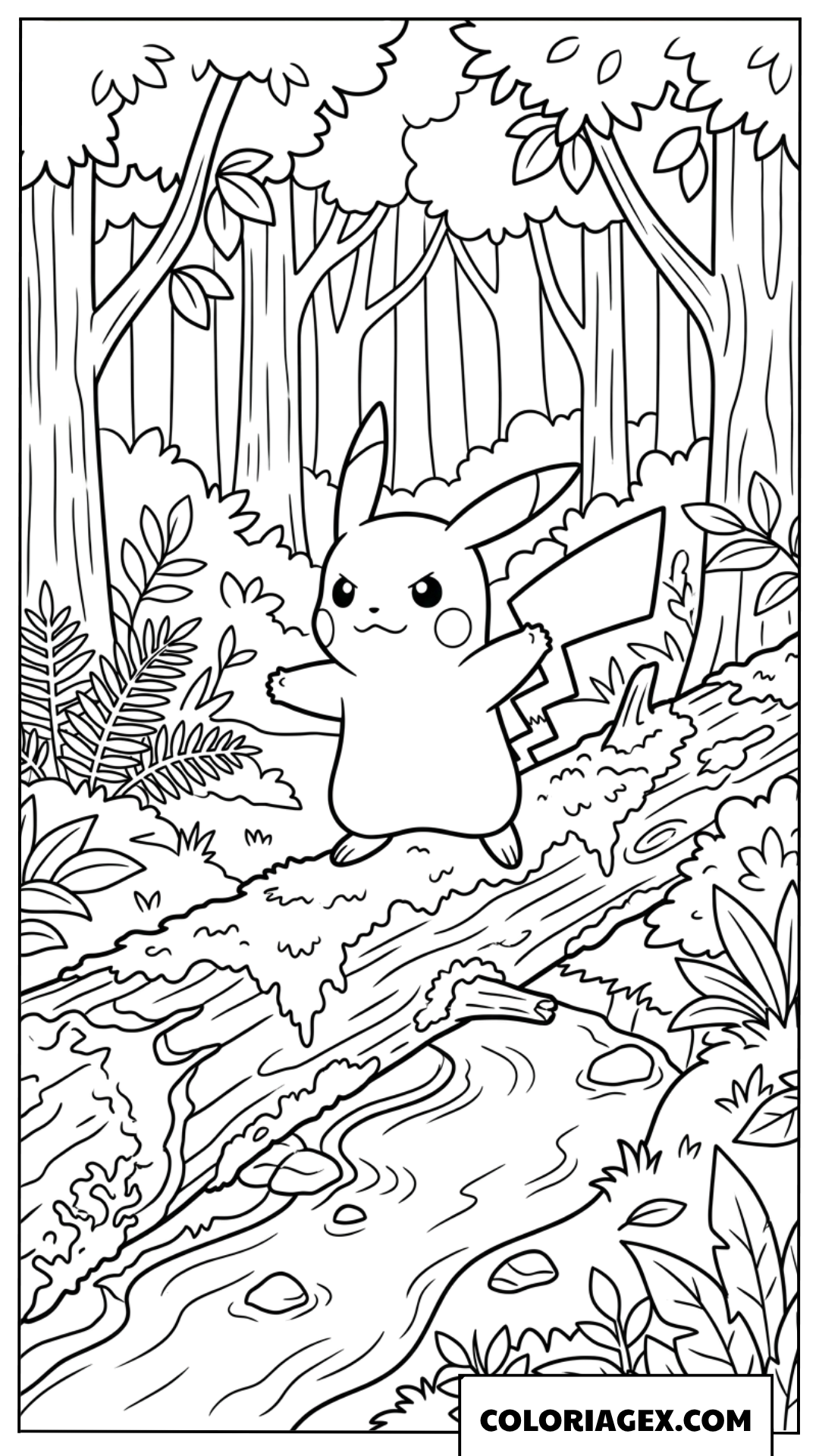 Coloriage de Pikachu traversant un ruisseau sur une buche