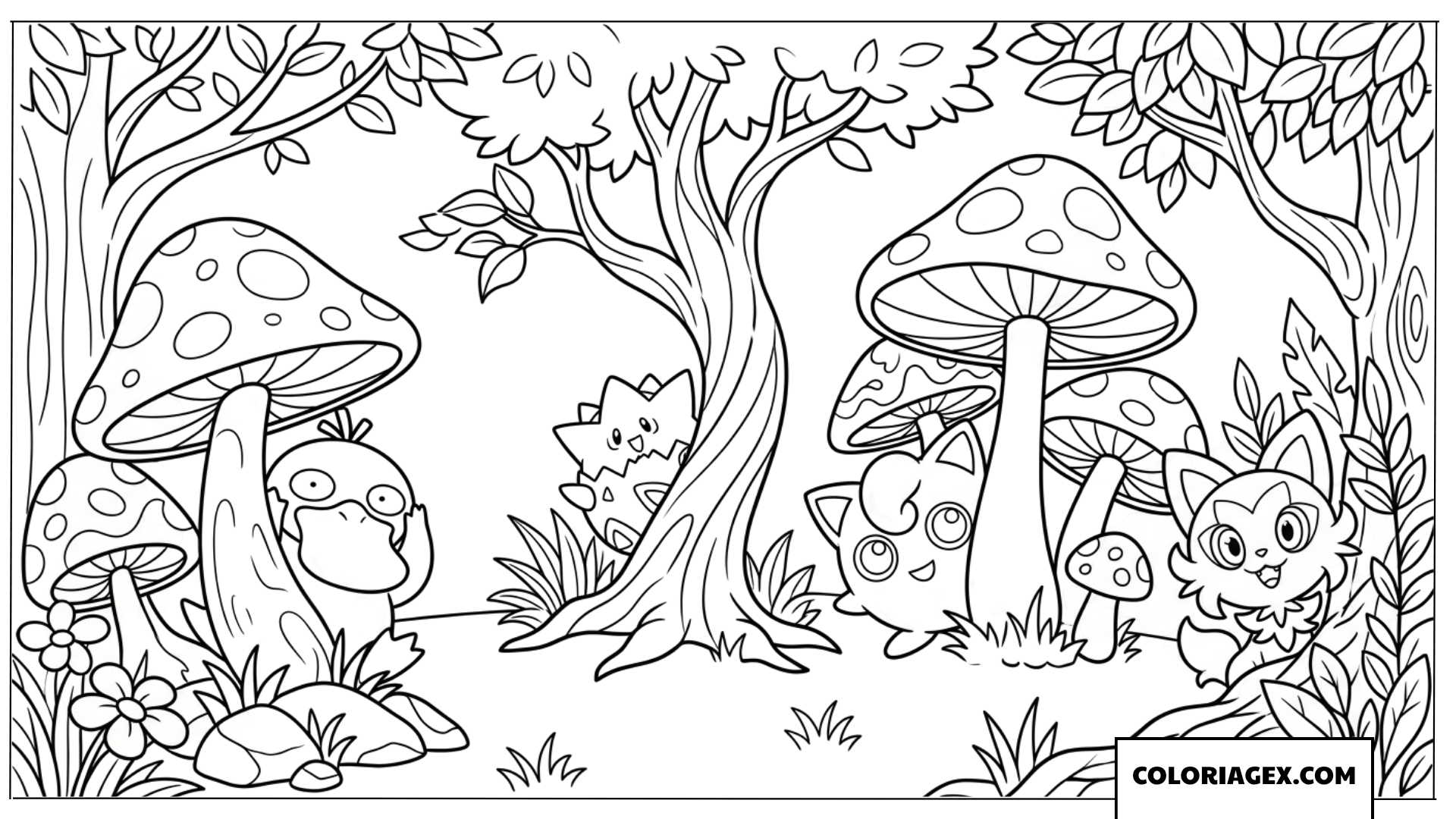 Coloriage de Pokemon jouant à cache cache en forêt