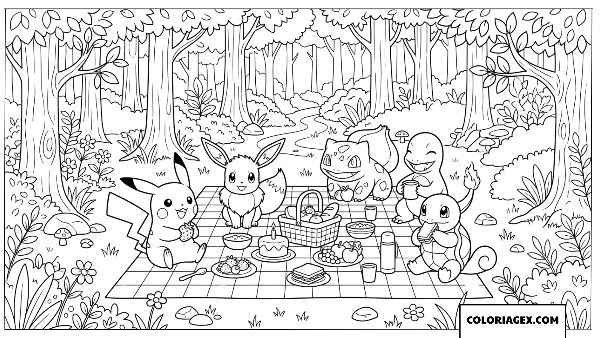 Coloriage de Pokemon profitant d'un pique nique