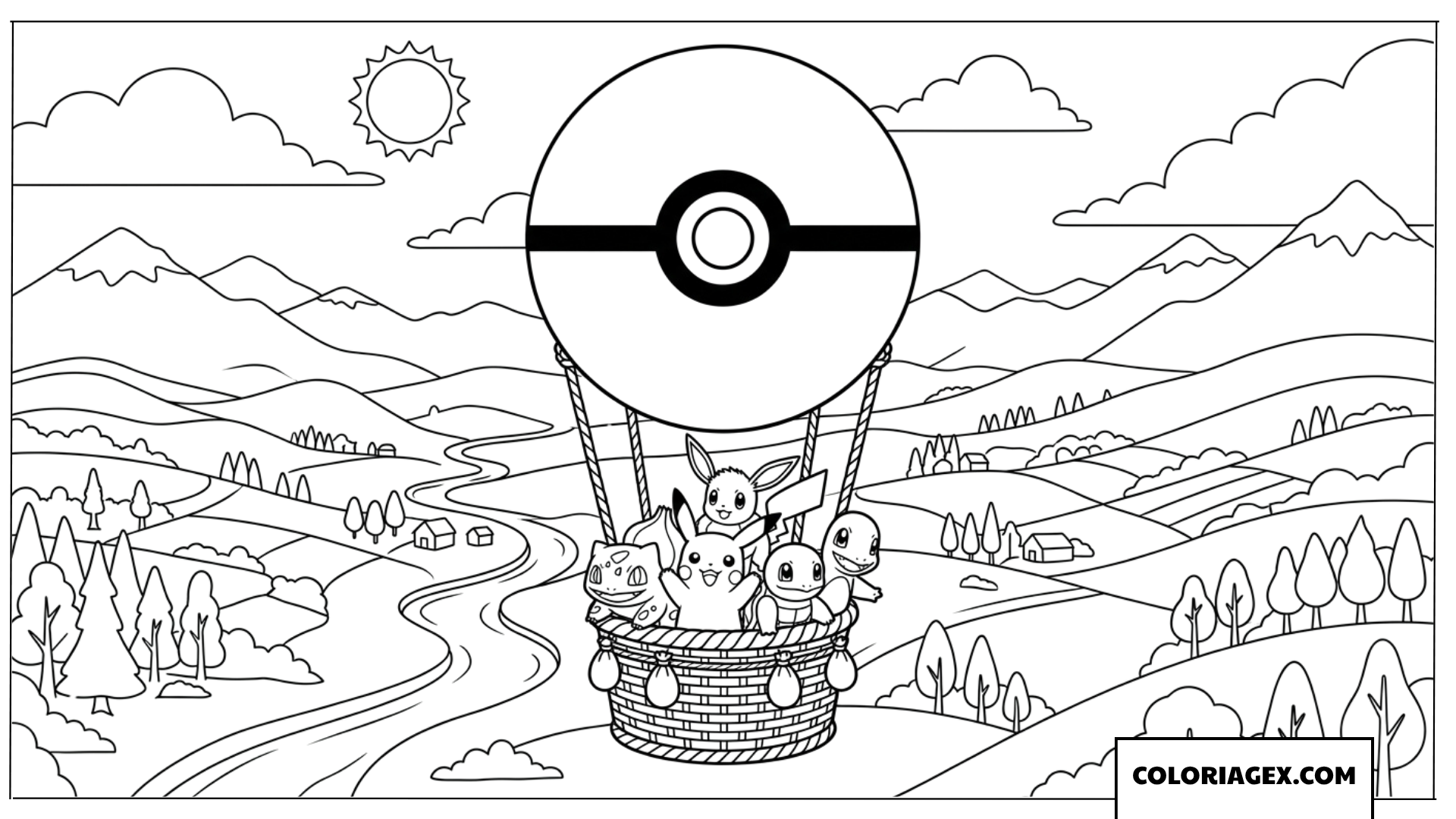 Coloriage de Pokemon volant dans une montgolfière